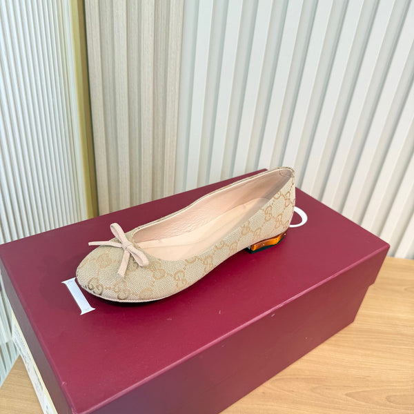 GG 26S Horsebit Ballet Flats Bow Detail Beige GG Canvas 141310