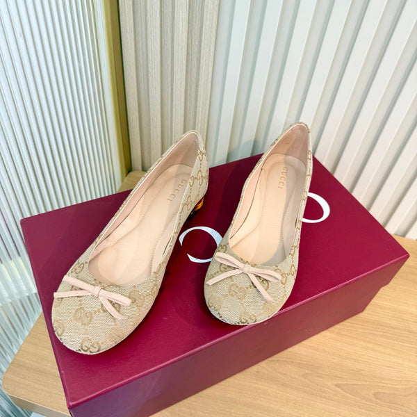 GG 26S Horsebit Ballet Flats Bow Detail Beige GG Canvas 141310