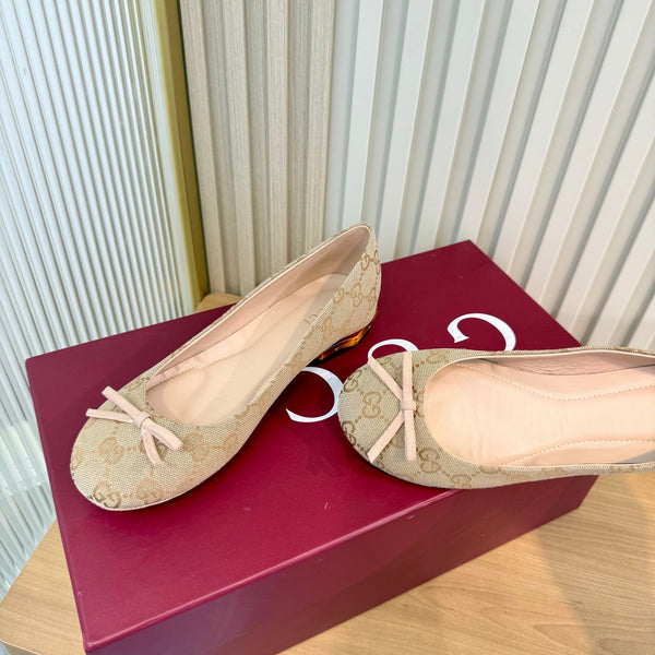 GG 26S Horsebit Ballet Flats Bow Detail Beige GG Canvas 141310
