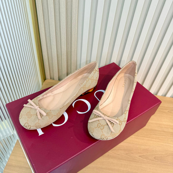 GG 26S Horsebit Ballet Flats Bow Detail Beige GG Canvas 141310