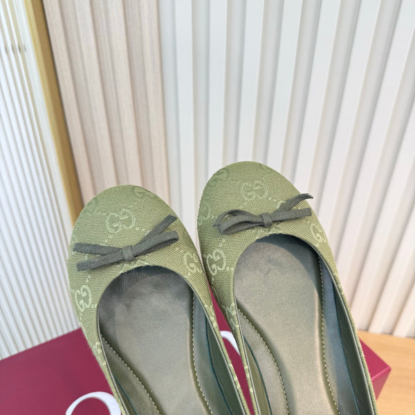 GG 26S Horsebit Ballet Flats Bow Detail Olive Green GG Canvas 141308