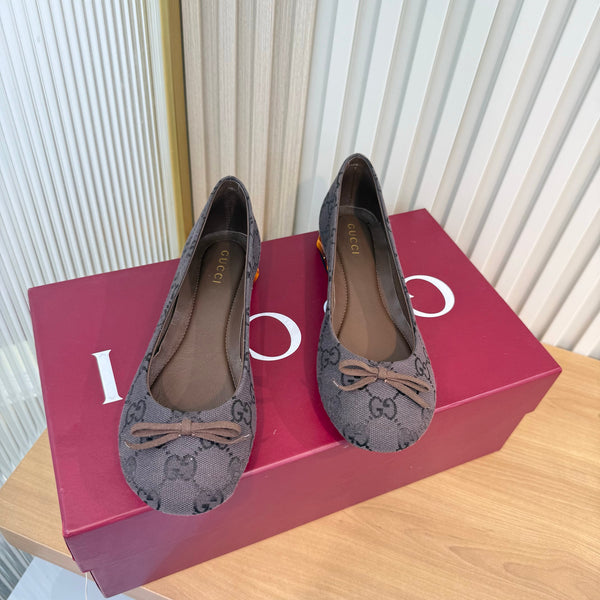 GG 26S Horsebit Ballet Flats Bow Detail Brown GG Canvas 141307