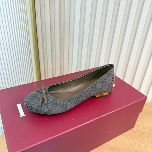 GG 26S Horsebit Ballet Flats Bow Detail Brown GG Canvas 141307