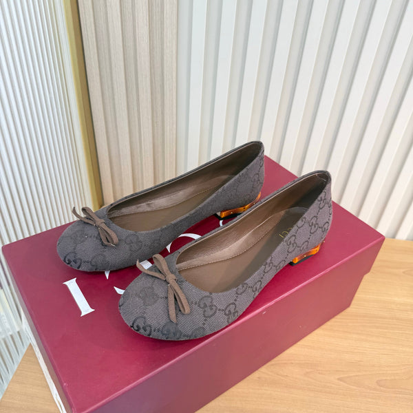 GG 26S Horsebit Ballet Flats Bow Detail Brown GG Canvas 141307