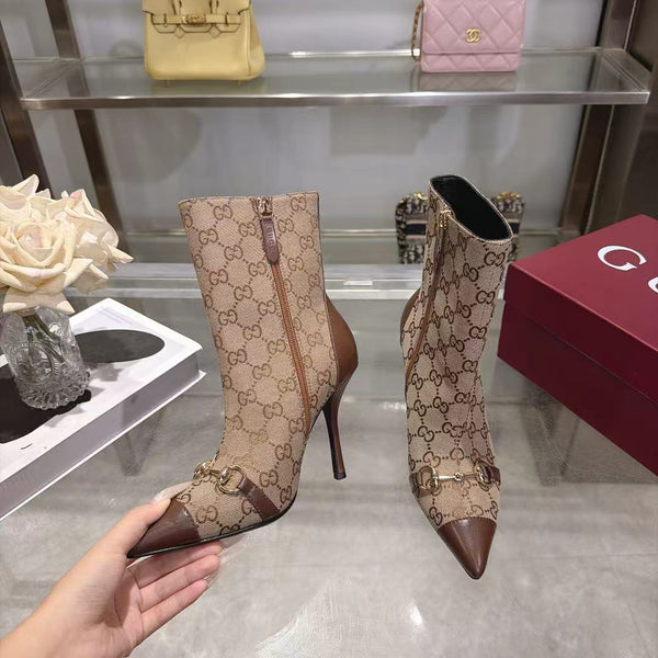 GG 26S Ankle Boots 10.5cm Horsebit Canvas Sand Brown Leather Toe Cap 41303