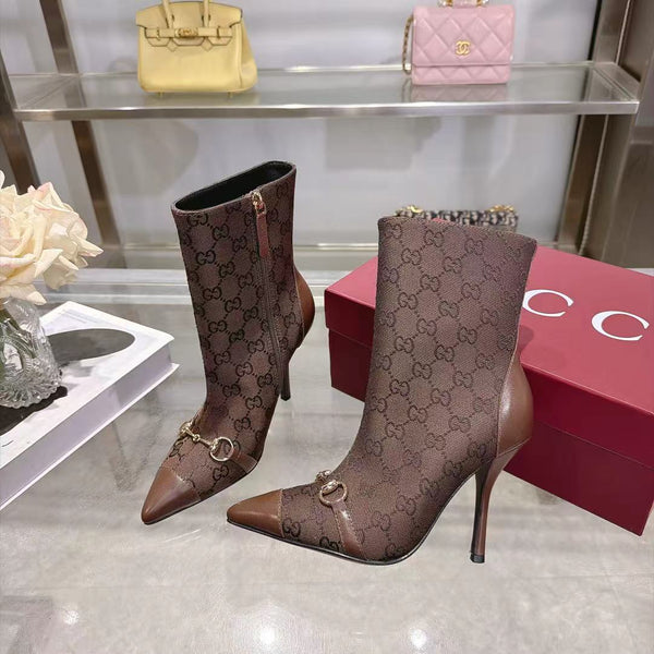 GG 26S Ankle Boots 10.5cm Horsebit Canvas Sand Dark Brown Leather Toe Cap 141302