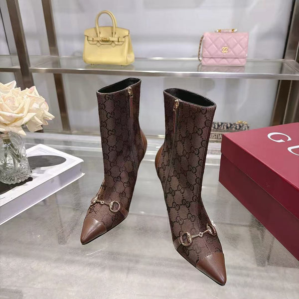 GG 26S Ankle Boots 10.5cm Horsebit Canvas Sand Dark Brown Leather Toe Cap 141302