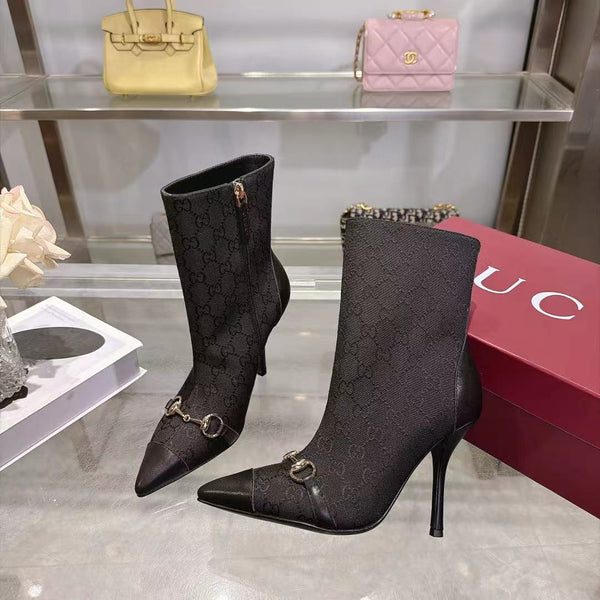 GG 26S Ankle Boots 10.5cm Horsebit Canvas Sand Black Leather Toe Cap 141301