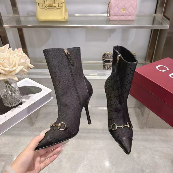 GG 26S Ankle Boots 10.5cm Horsebit Canvas Sand Black Leather Toe Cap 141301