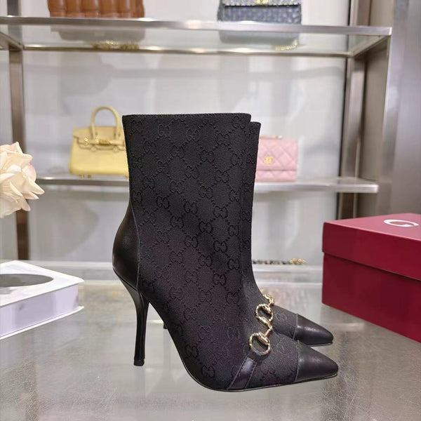 GG 26S Ankle Boots 10.5cm Horsebit Canvas Sand Black Leather Toe Cap 141301