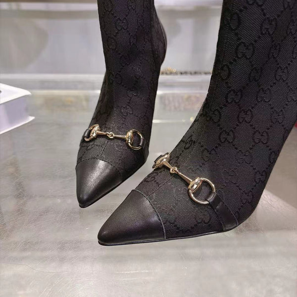 GG 26S Ankle Boots 10.5cm Horsebit Canvas Sand Black Leather Toe Cap 141301