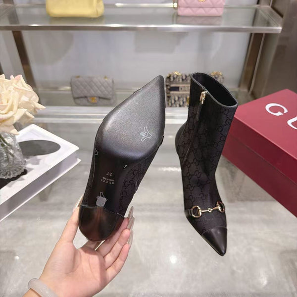 GG 26S Ankle Boots 10.5cm Horsebit Canvas Sand Black Leather Toe Cap 141301