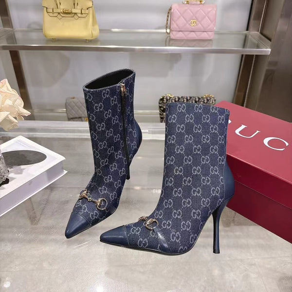 GG 26S Ankle Boots 10.5cm Horsebit Canvas Sand Dark Blue Leather Toe Cap 141300