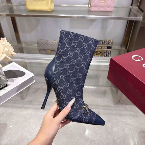 GG 26S Ankle Boots 10.5cm Horsebit Canvas Sand Dark Blue Leather Toe Cap 141300