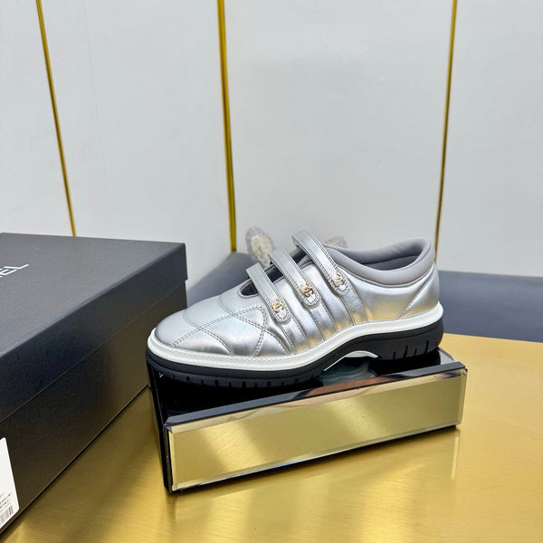 CC 26S Quilted Platform Sneakers Triple Velcro Straps Metallic Silver Leather 140248