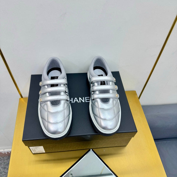 CC 26S Quilted Platform Sneakers Triple Velcro Straps Metallic Silver Leather 140248