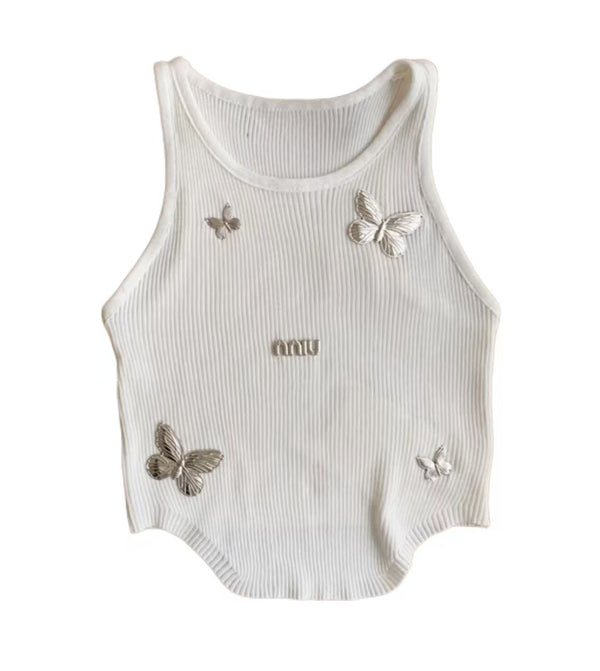 Miu Butterfly Embroidered Ribbed Tank Top