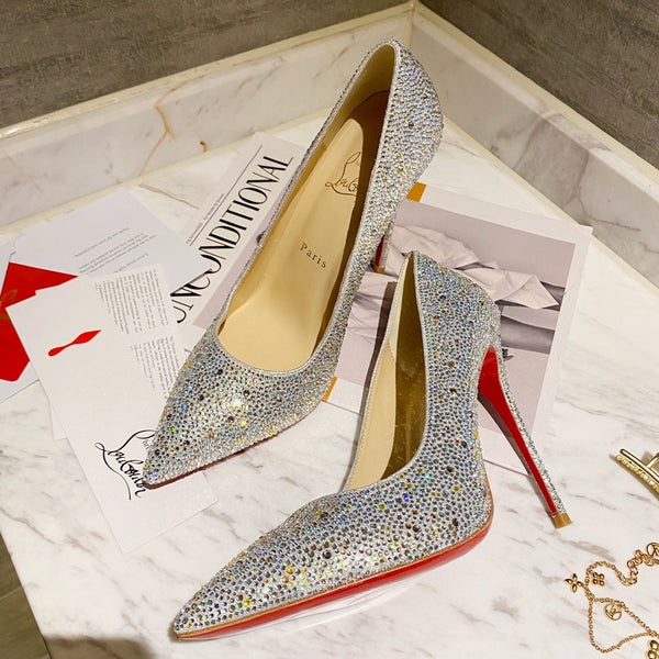 CL Kate Strass Degrade Pumps 100mm Suede Silver