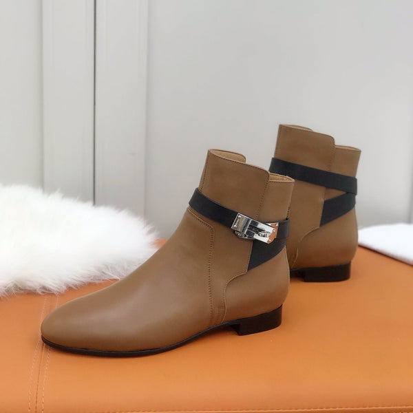 HM 26S Bow Buckle Ankle Boots 2cm Tan Black Leather 112858