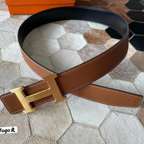 HM CONSTANCE BELT BUCKLE & REVERSIBLE BRONZE BROWN LEATHER STRAP 38MM GOLD HARDWARE