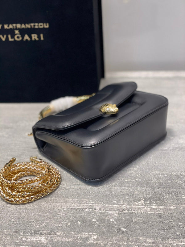 BVL Serpenti Mary Katrantzou Top Handle 19cm Black Lambskin GHW 188705