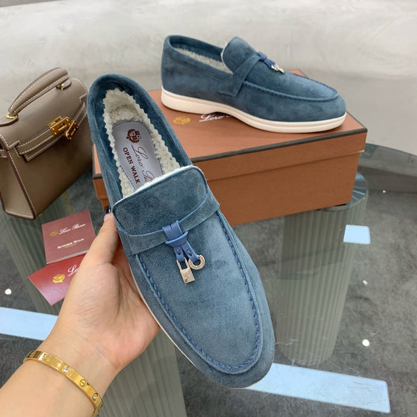 LP 26s Open Walk Loafers 2cm Denim Blue Suede Shearling SHW 110788
