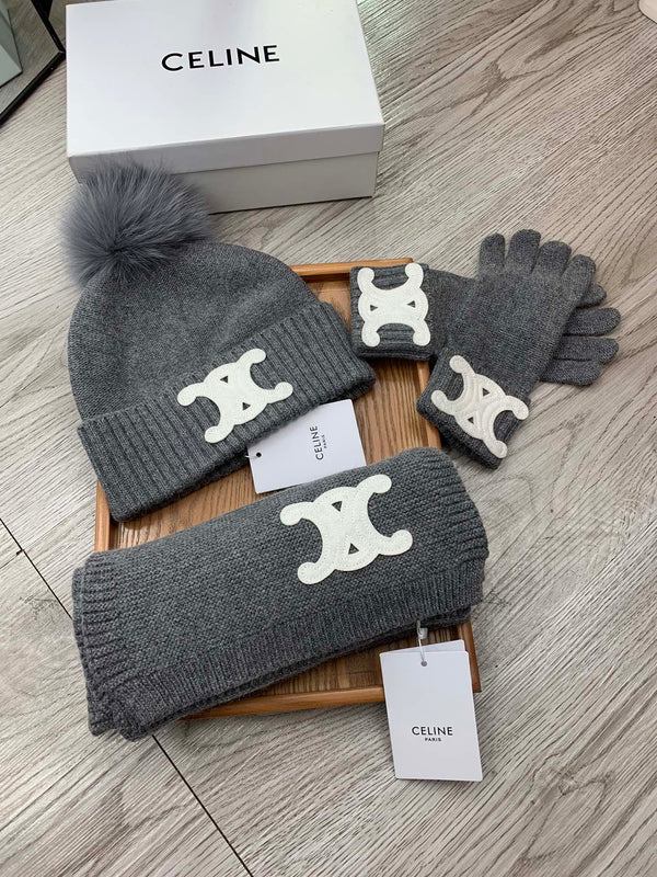 CE Hat Scarf Gloves Set Gray Knit Fur 475092
