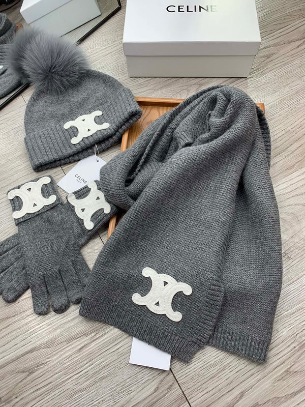 CE Hat Scarf Gloves Set Gray Knit Fur 475092