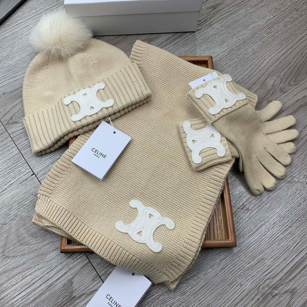 CE Hat Scarf Gloves Set Light Beige Knit Fur 475091