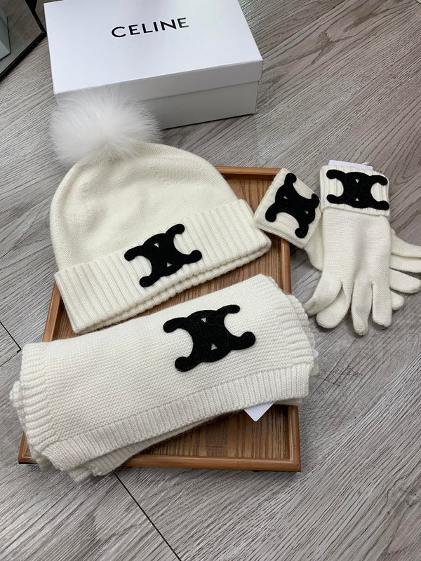 CE Hat Scarf Gloves Set White Knit Fur 475090