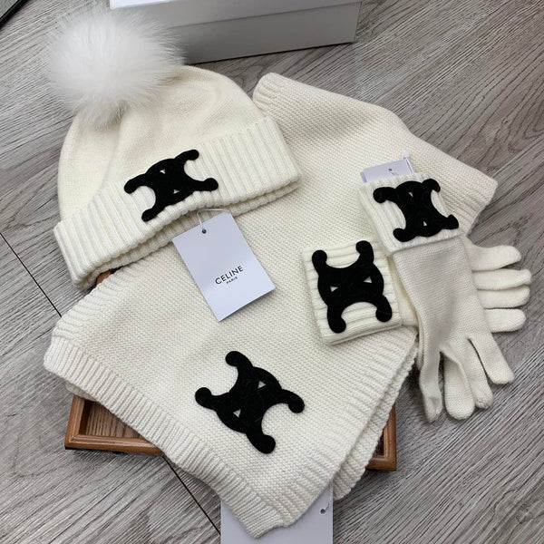 CE Hat Scarf Gloves Set White Knit Fur 475090