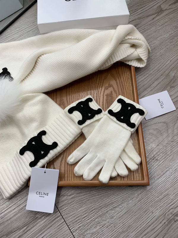 CE Hat Scarf Gloves Set White Knit Fur 475090