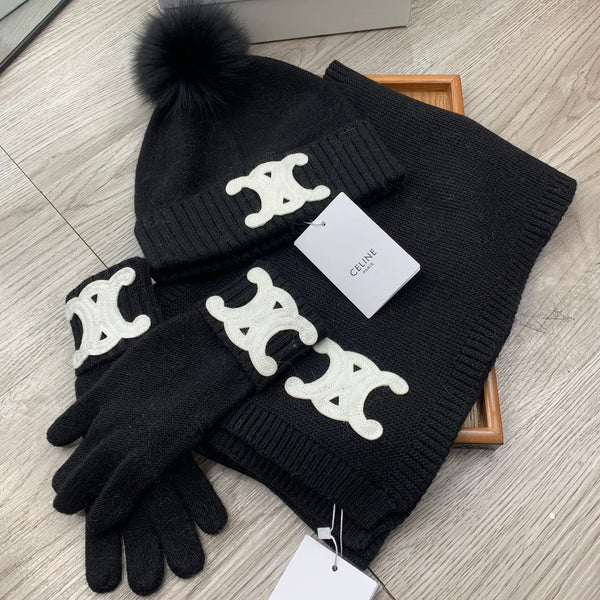 CE Hat Scarf Gloves Set Black Knit Fur 475089