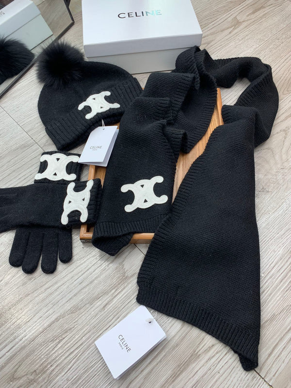 CE Hat Scarf Gloves Set Black Knit Fur 475089