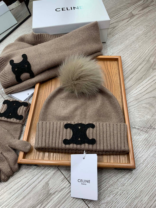 CE Hat Scarf Gloves Set Khaki Knit Fur 475088