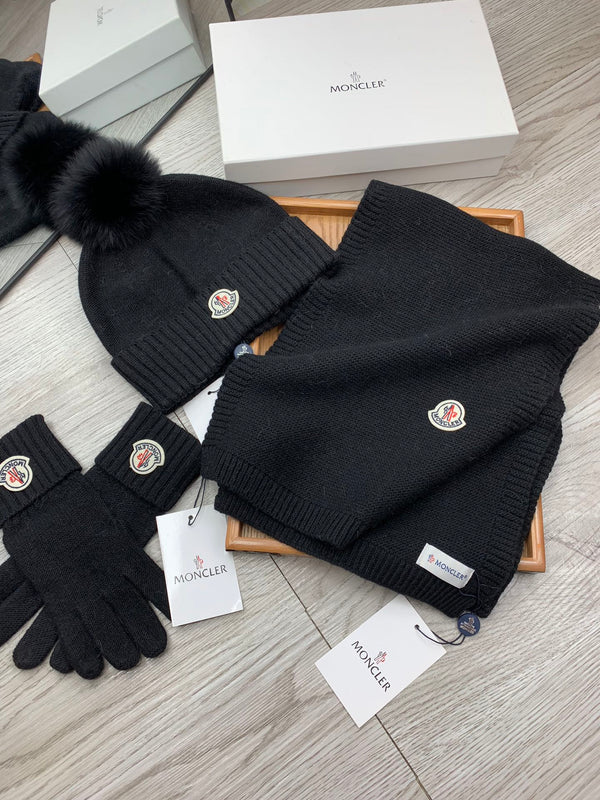 Moncler Hat Scarf Gloves Set Black Knit Fur 475098