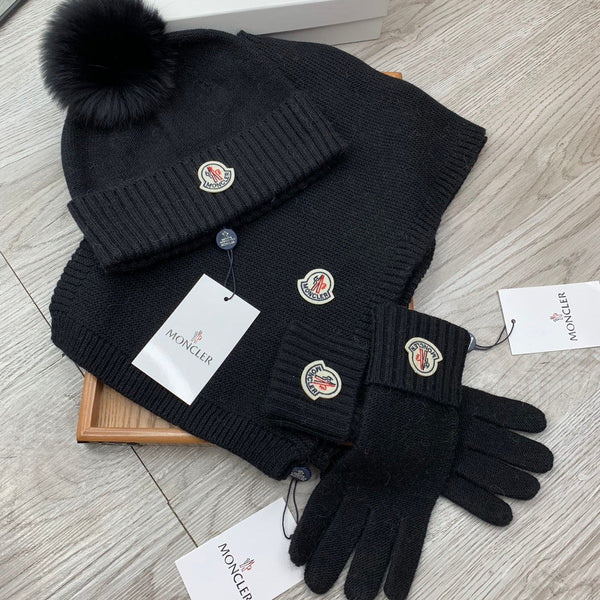 Moncler Hat Scarf Gloves Set Black Knit Fur 475098