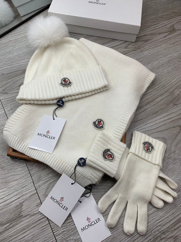 Moncler Hat Scarf Gloves Set White Knit Fur 475096