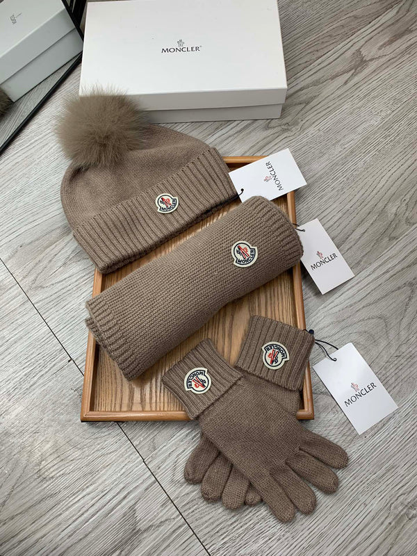 Moncler Hat Scarf Gloves Set Brown Knit Fur 475097