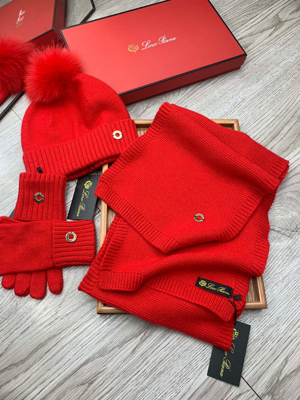 LP Hat Scarf Gloves Set Red Knit Fur 475085