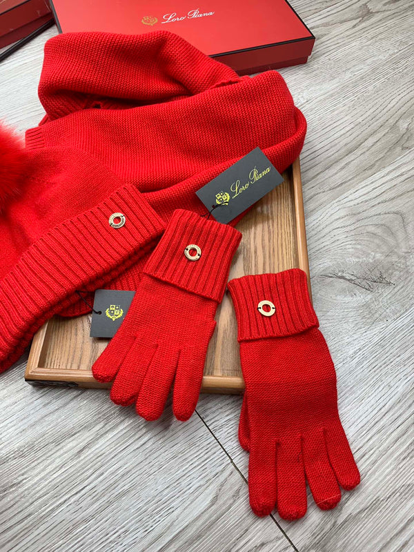 LP Hat Scarf Gloves Set Red Knit Fur 475085