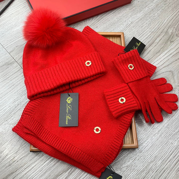 LP Hat Scarf Gloves Set Red Knit Fur 475085