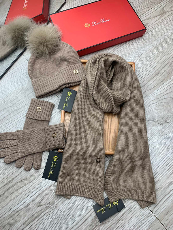 LP Hat Scarf Gloves Set Khaki Knit Fur 475083