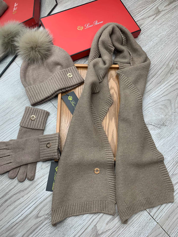 LP Hat Scarf Gloves Set Khaki Knit Fur 475083