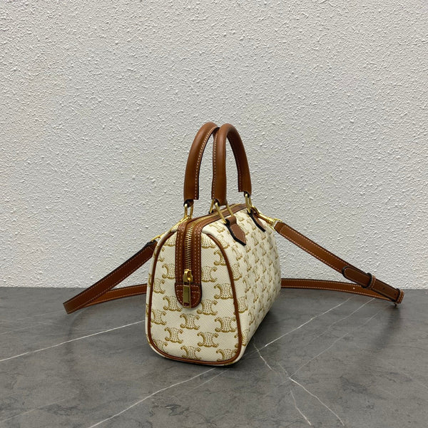 Celine Small Boston Bag Triomphe Beige Brown Canvas & Calfskin