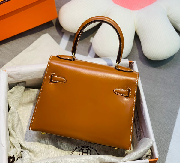KELLY MINI 20 BAG IN BRONZE BROWN SMOOTH CALFSKIN WITH GOLD HARDWARE (MADE - TO - ODER)
