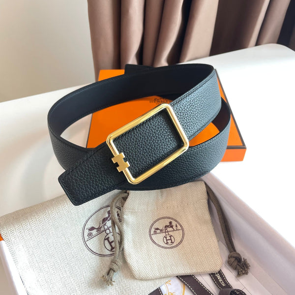 TUBE H BELT SILVER BUCKLE & REVERSIBLE BLACK LEATHER STRAP 38MM