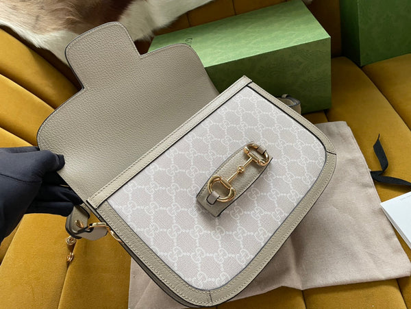 GG HORSEBIT 1955 SADDLE BAG 25 IN WHITE CANVAS AND BEIGE CALFSKIN