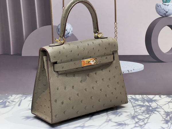 KELLY BAG 20 IN KHAKI BEIGE OSTRICH LEATHER WITH GOLD HARDWARE (MADE - TO - ODER)