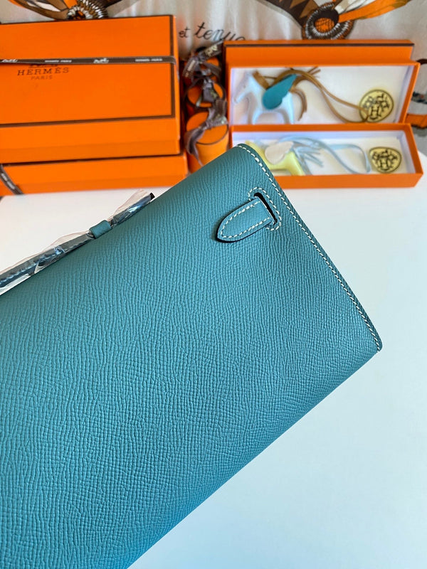 HM Kelly Cut 31 Teal Blue Epsom Leather Silver Hardware 229063